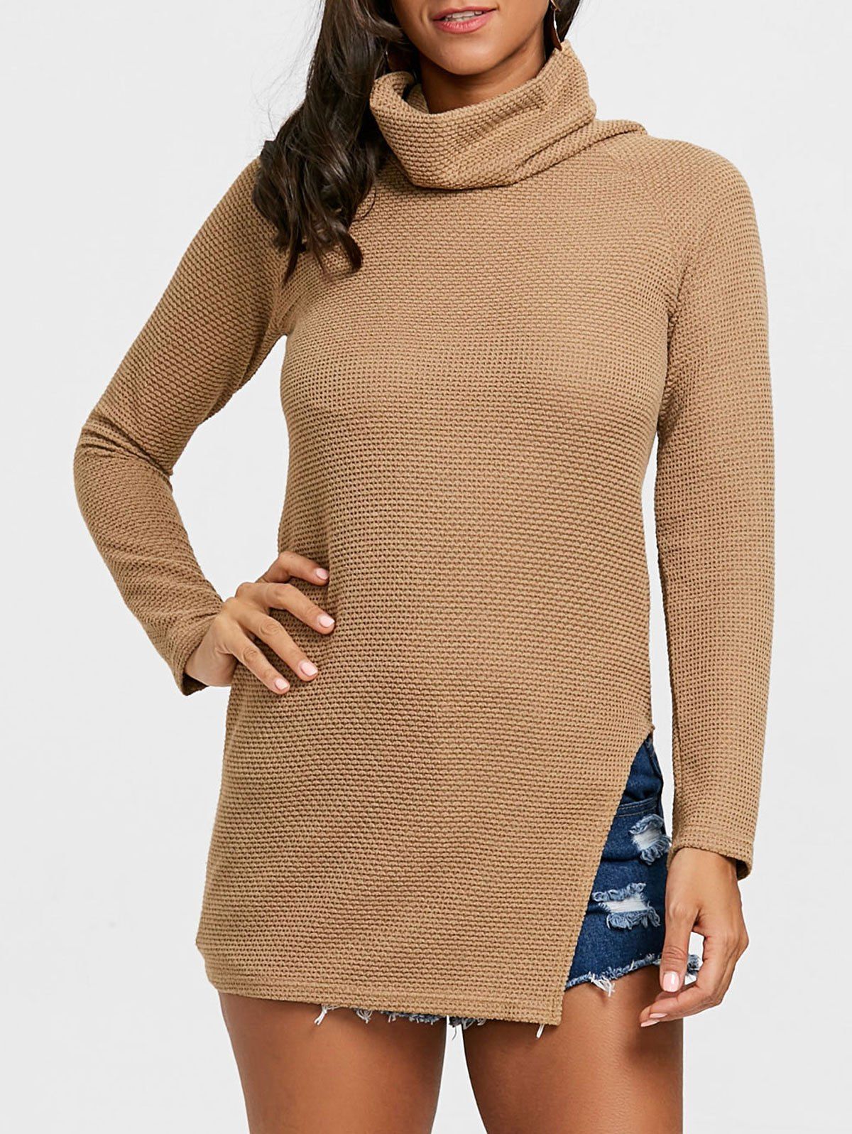 

Cowl Neck Side Slit Tunic Sweater, Khaki