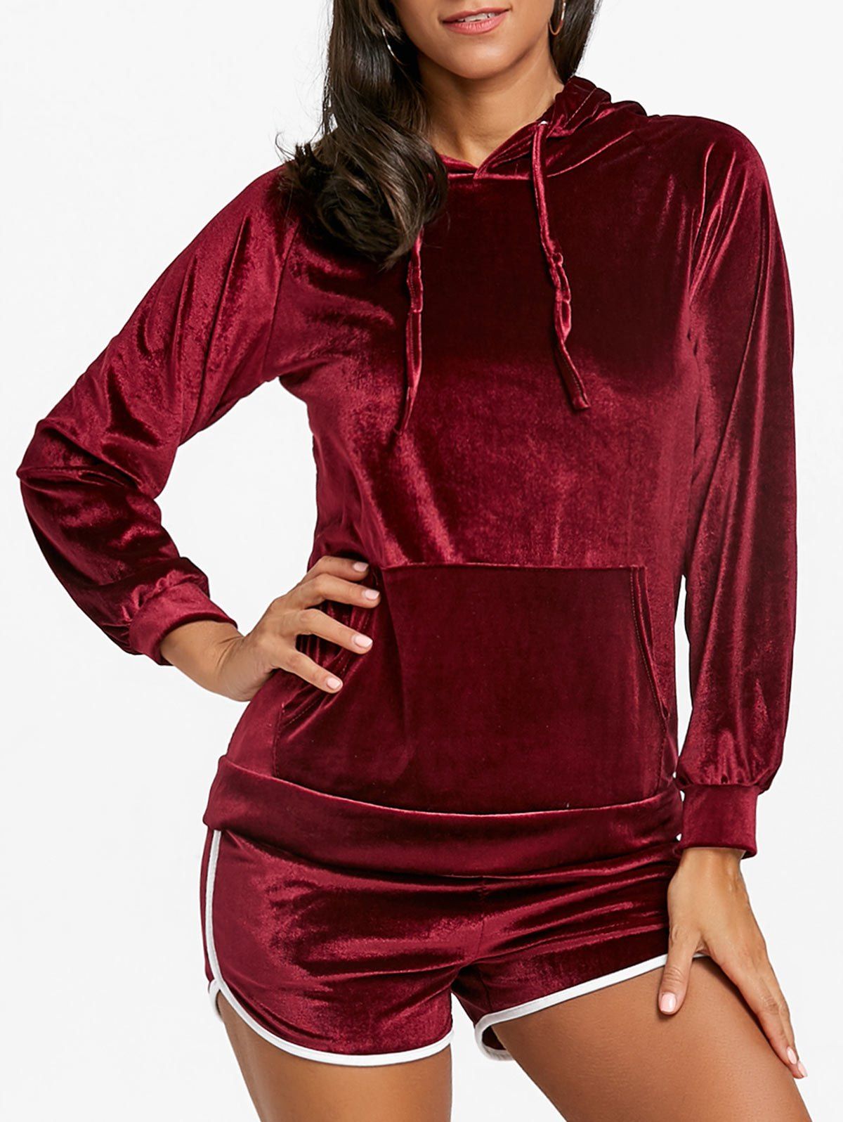

Kangaroo Pocket Velvet Hoodie and Dolphin Shorts, Wine red