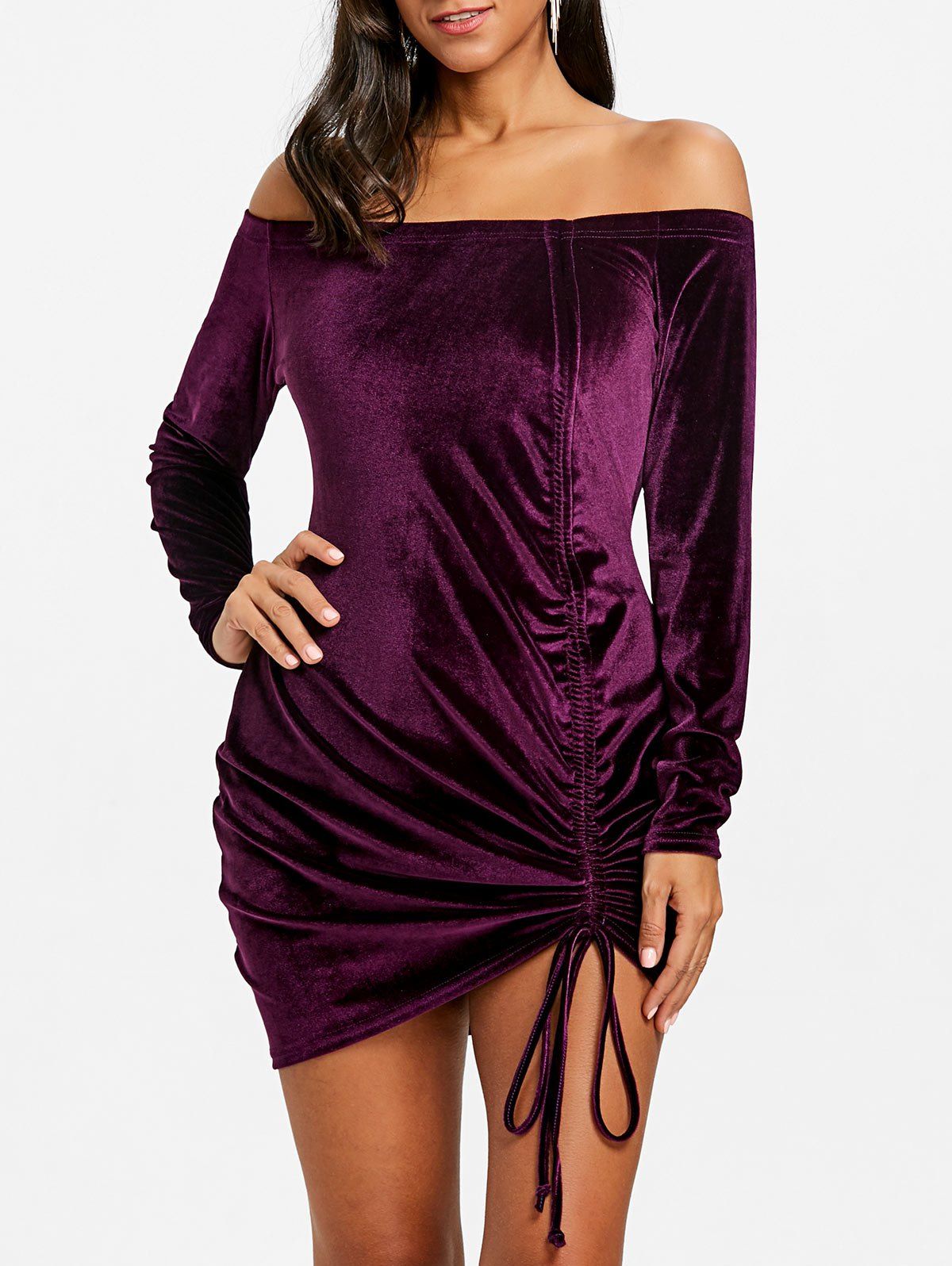 

Velvet Off Shoulder Ruched Dress, Purple