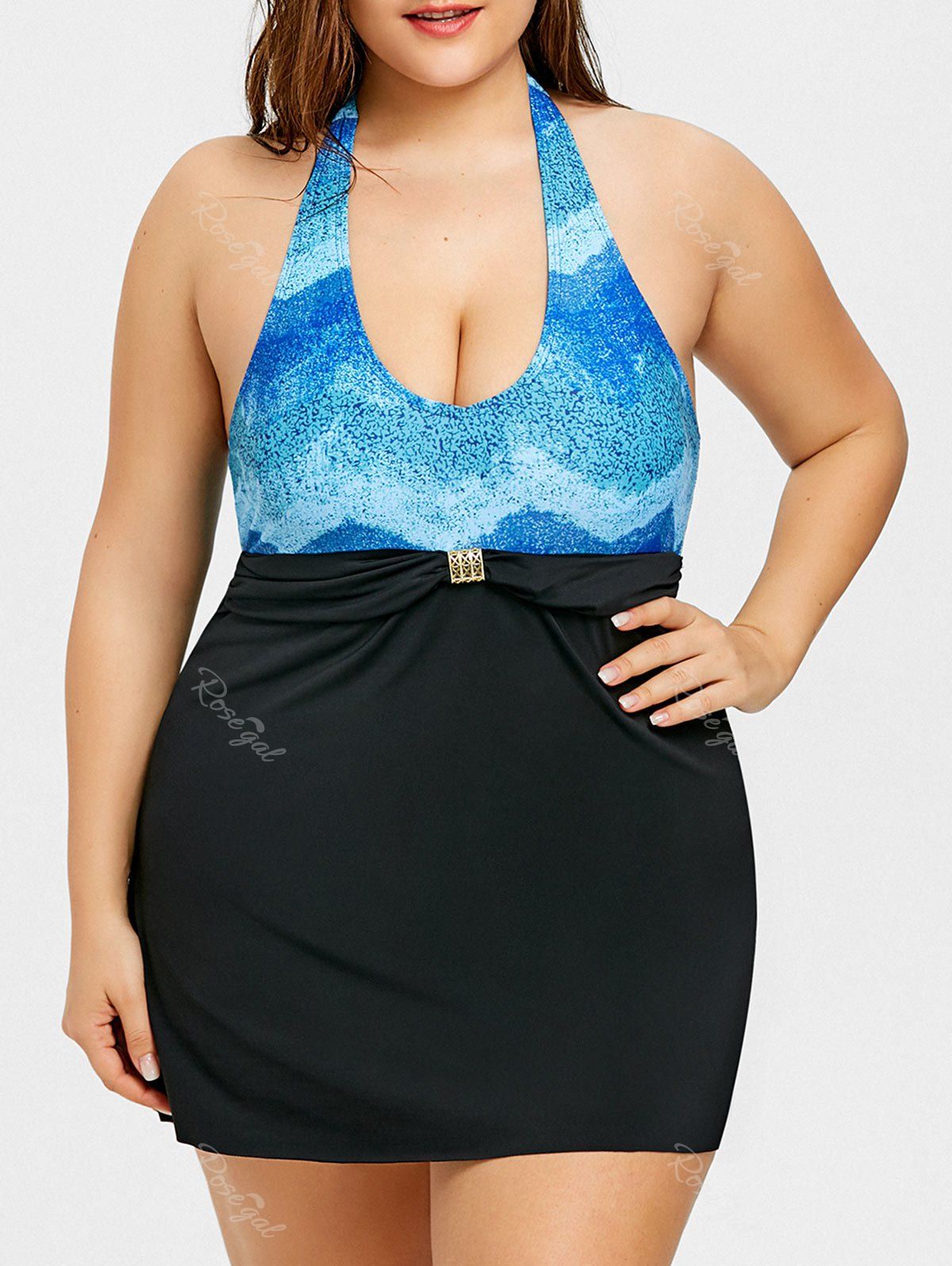 

Plus Size Color Block Halter Backless Swimwear, Black
