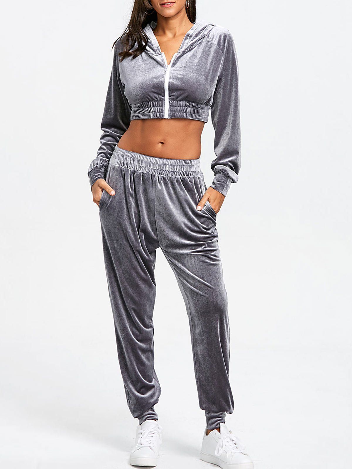 [25% OFF] Velvet Cropped Hoodie And Jogger Pants | Rosegal