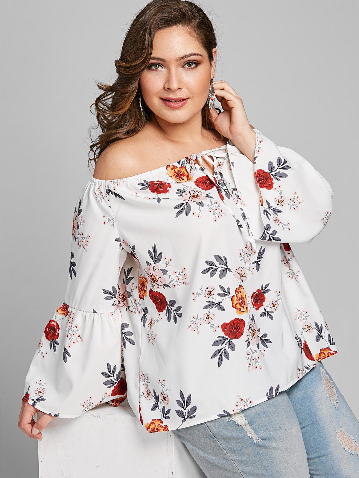 

Plus Size Floral Off Shoulder Blouse, White
