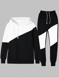 Two Tone Drawstring Hoodie and Sweatpants - WHITE AND BLACK - M