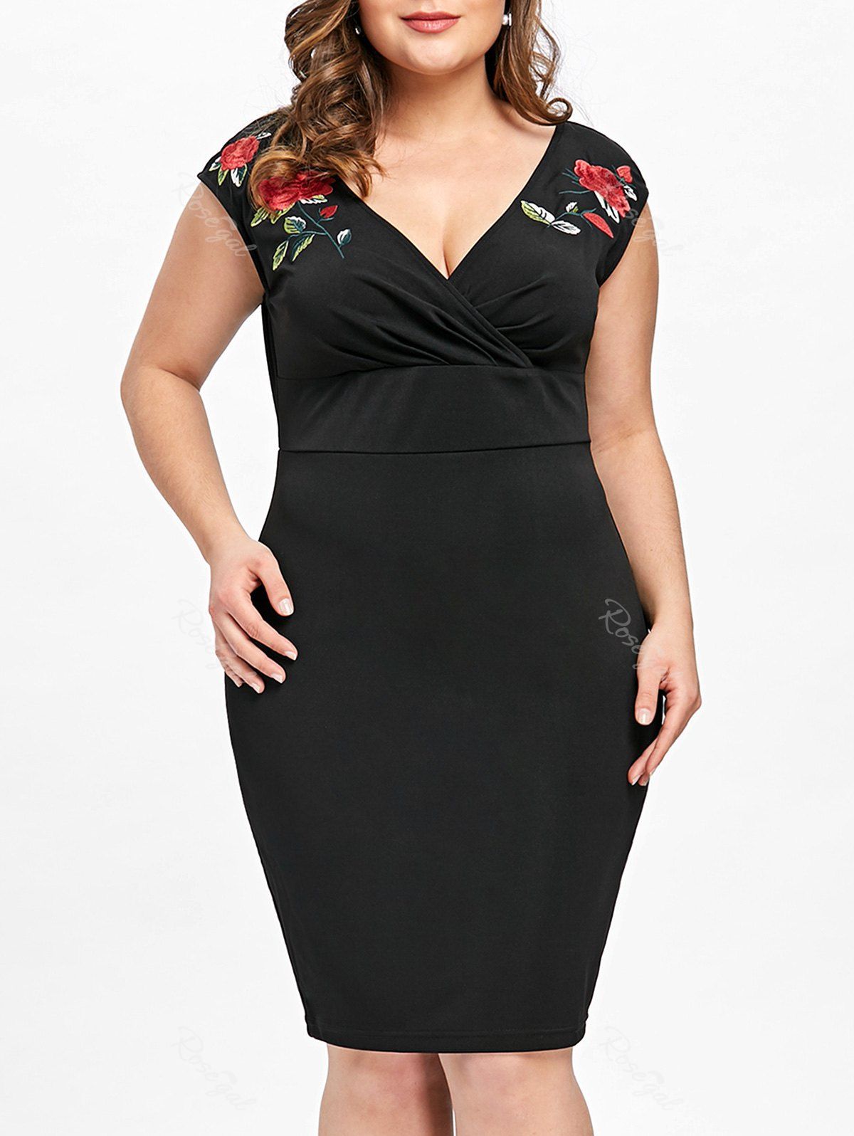 

Plus Size Embroidery Slim Surplice Dress, Black