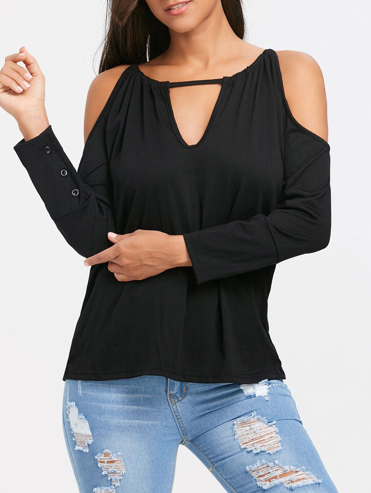 [60 Off] Long Sleeve Cold Shoulder Lace Up Back T Shirt Rosegal