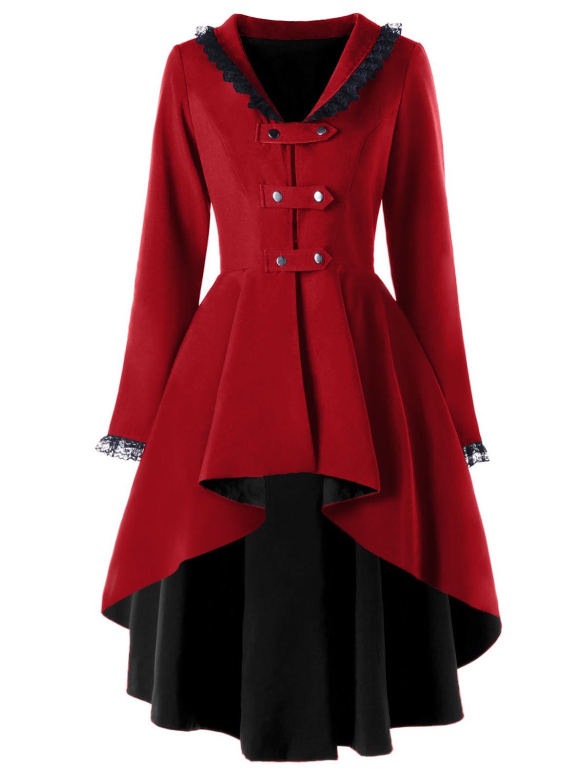 

High Low Lace Trimmed Gothic Coat, Wine red