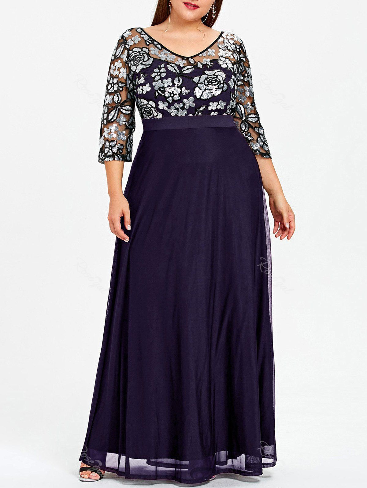 

Plus Size Floral Sequined Maxi Prom Dress, Purple