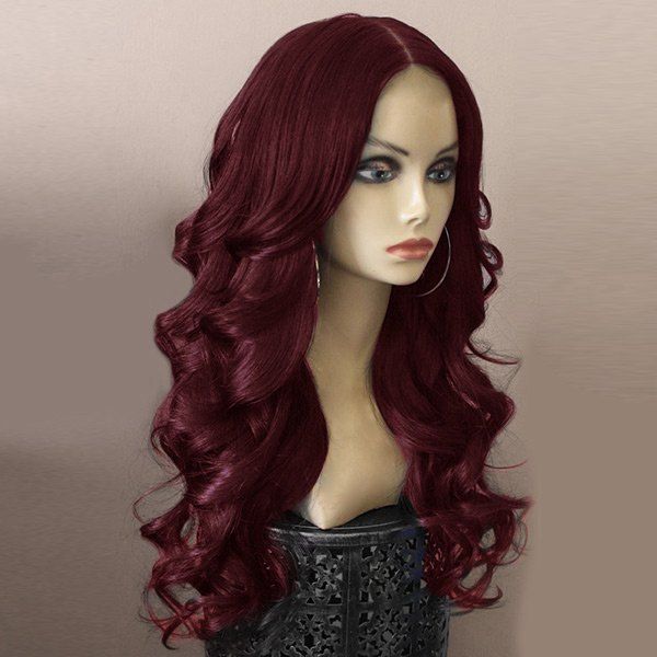 

Center Parting Long Fluffy Body Wave Synthetic Wig, Wine red