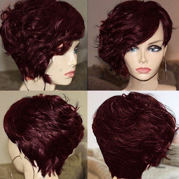 

Short Side Bang Layered Fluffy Curly Synthetic Wig, Wine red