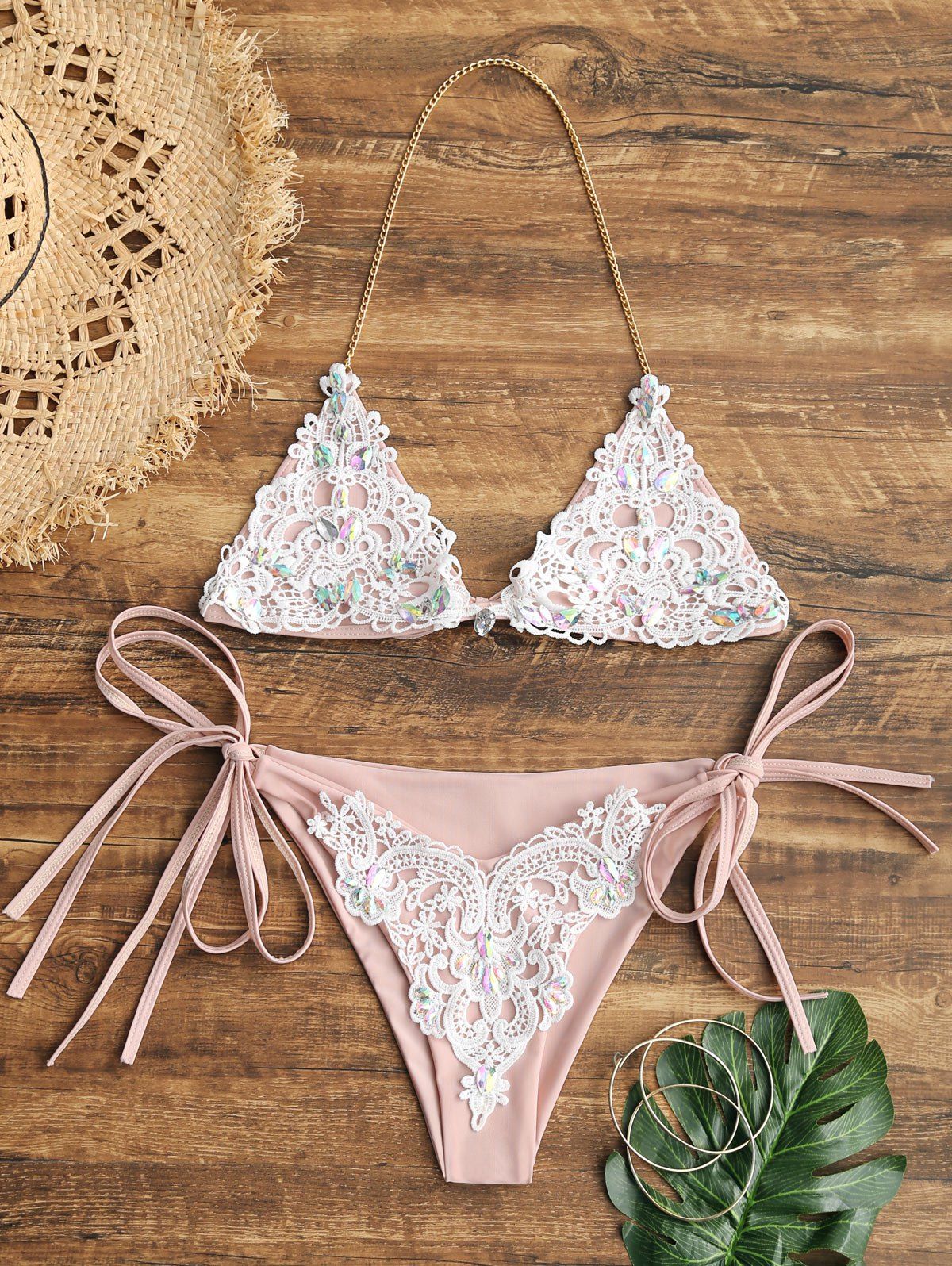 

Crochet Panel Rhinestone String Bikini Set, Pinkbeige