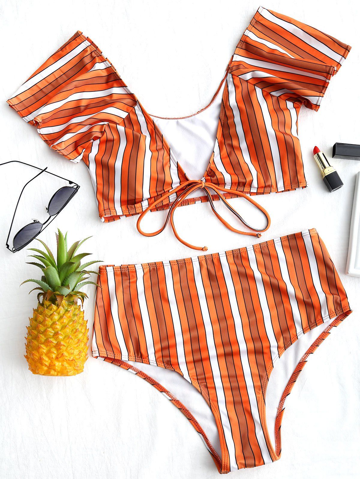 

Striped Plunge Neck Bikini Set, Orange red