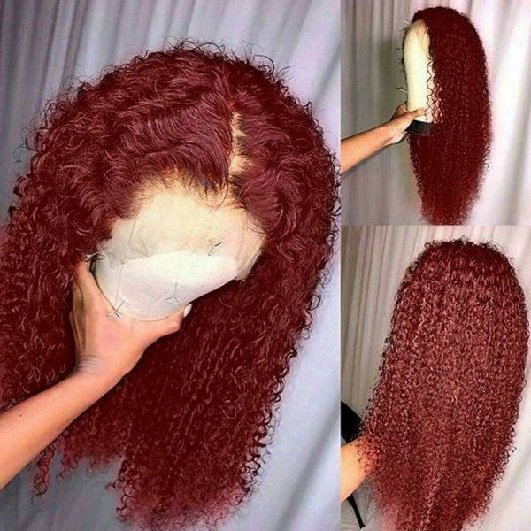 

Long Center Parting Fluffy Curly Lace Front Synthetic Wig, Wine red