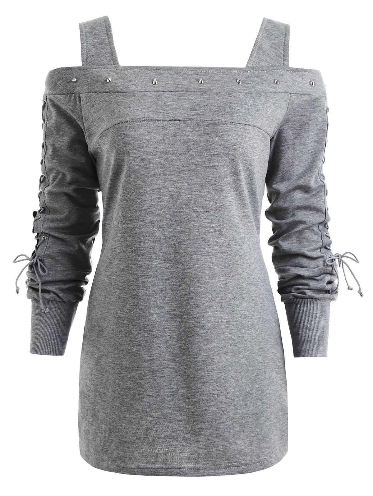 

Rivet Lace-up Cold Shoulder Long Sleeve T-shirt, Gray