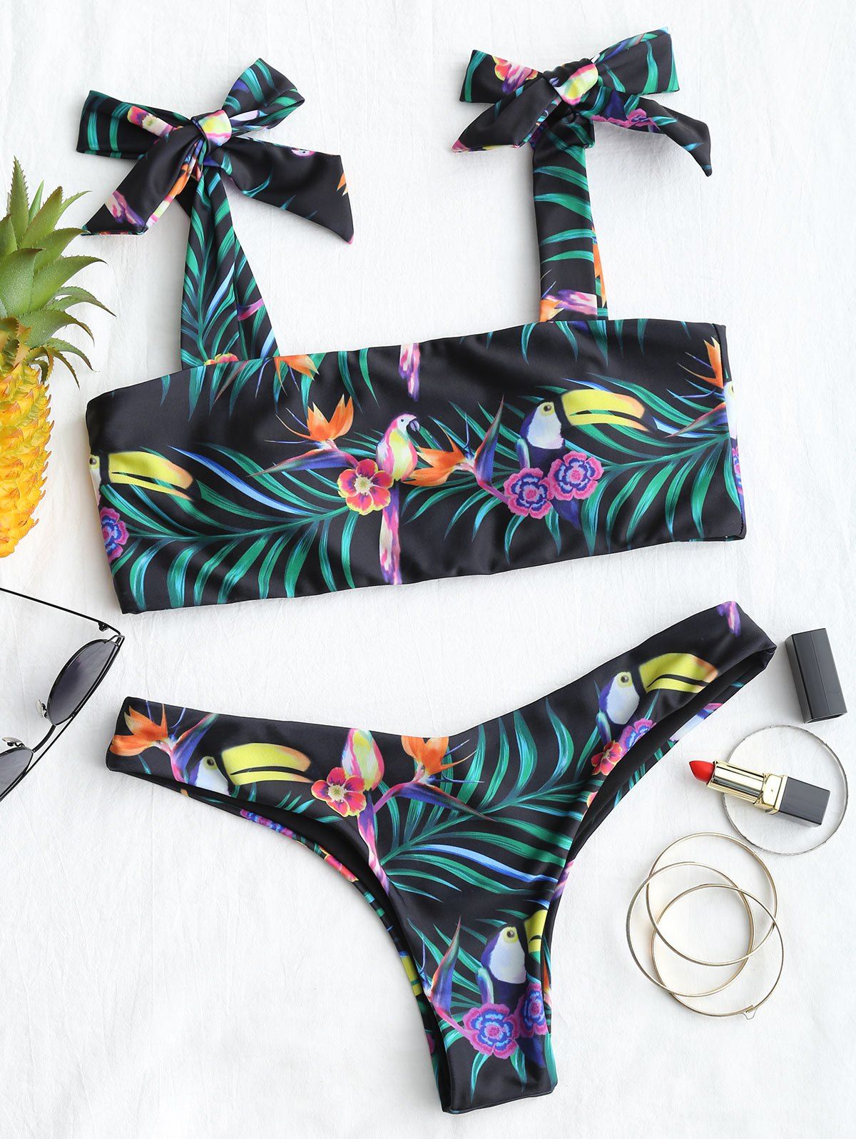 

Flower Pattern Tied Shoulder Bikini Set, Colormix