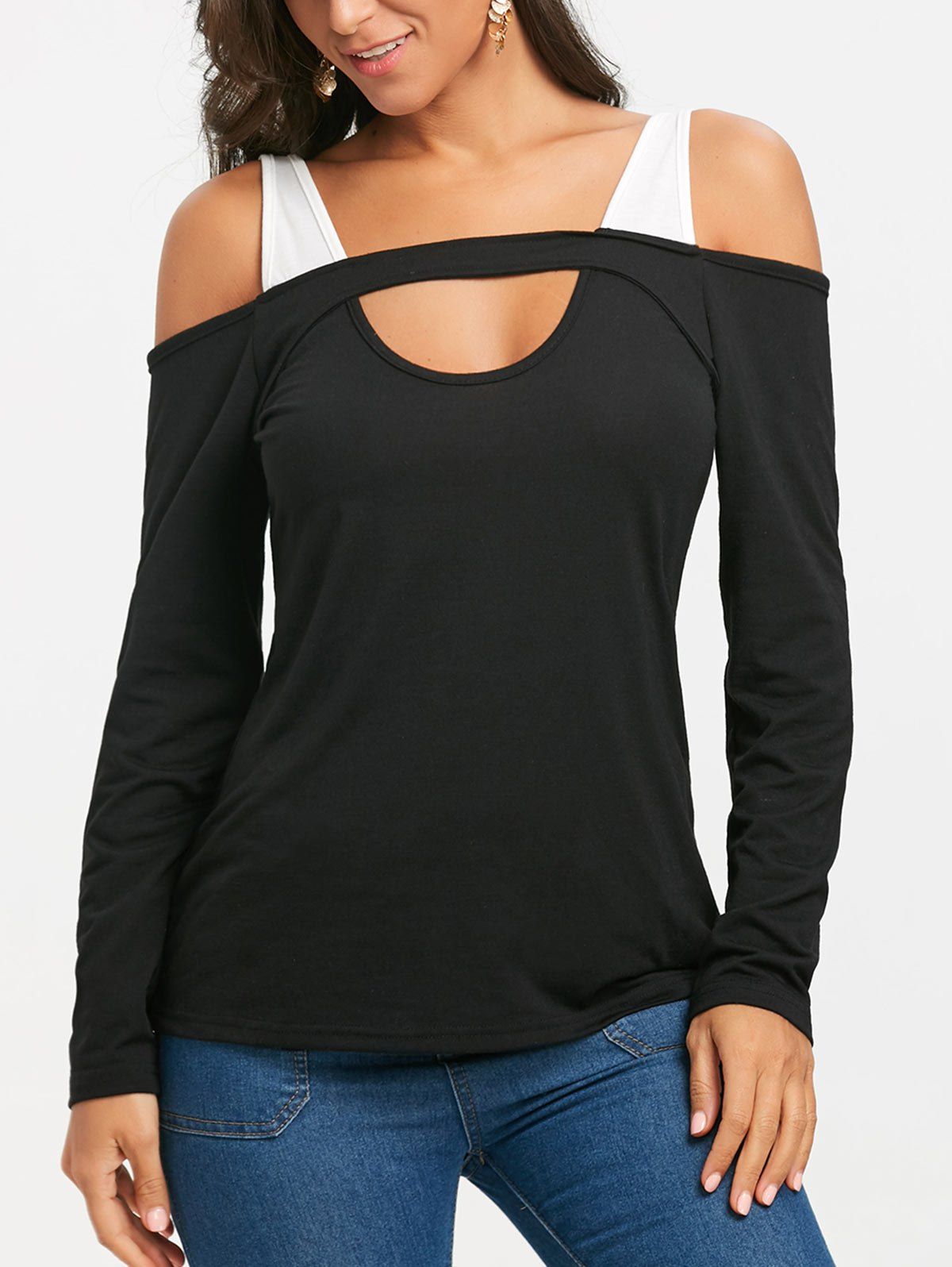 

Cut Out Cold Shoulder Long Sleeve T-shirt, Black
