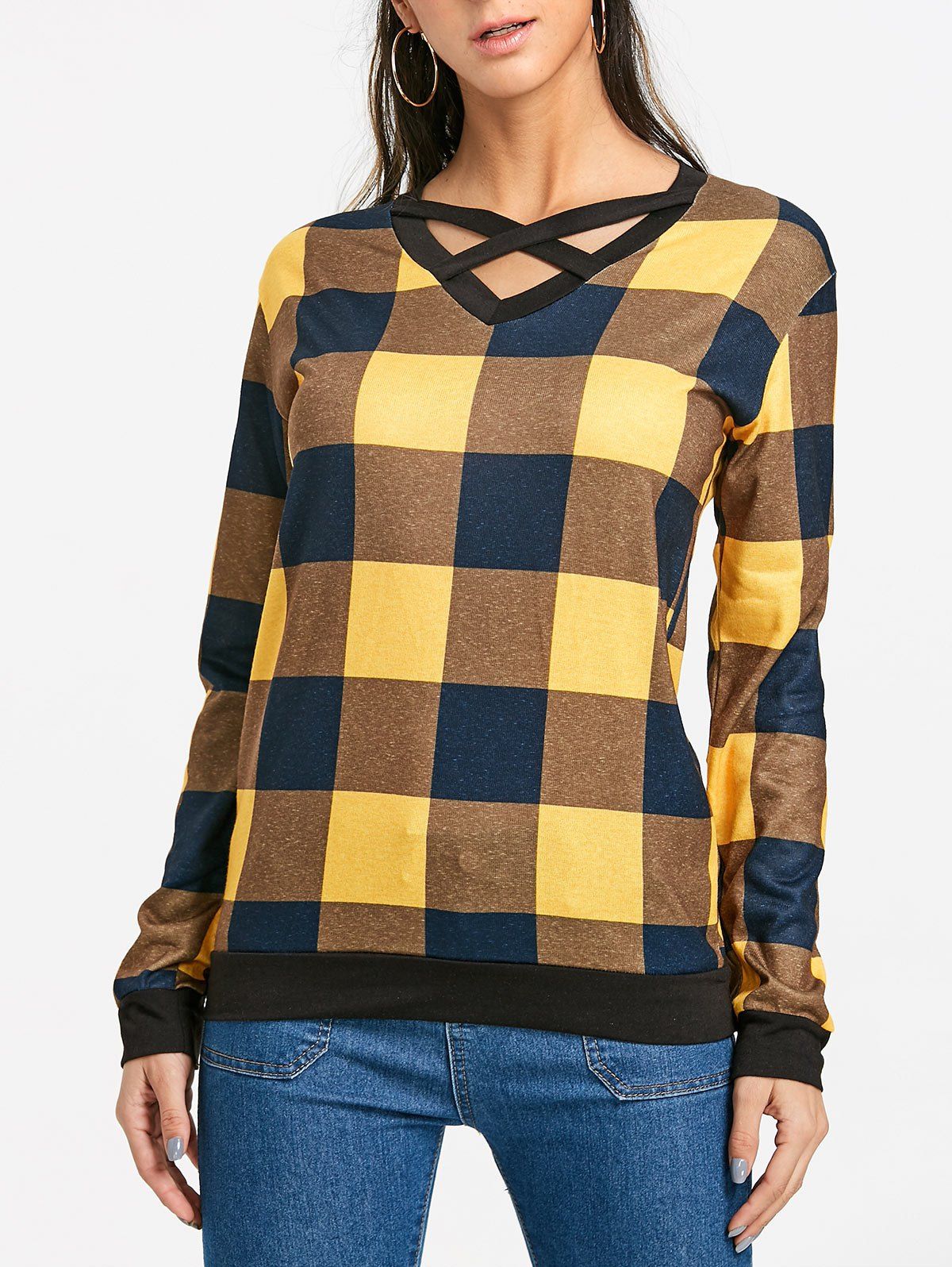

Plaid Criss Cross Long Sleeve Top, Yellow