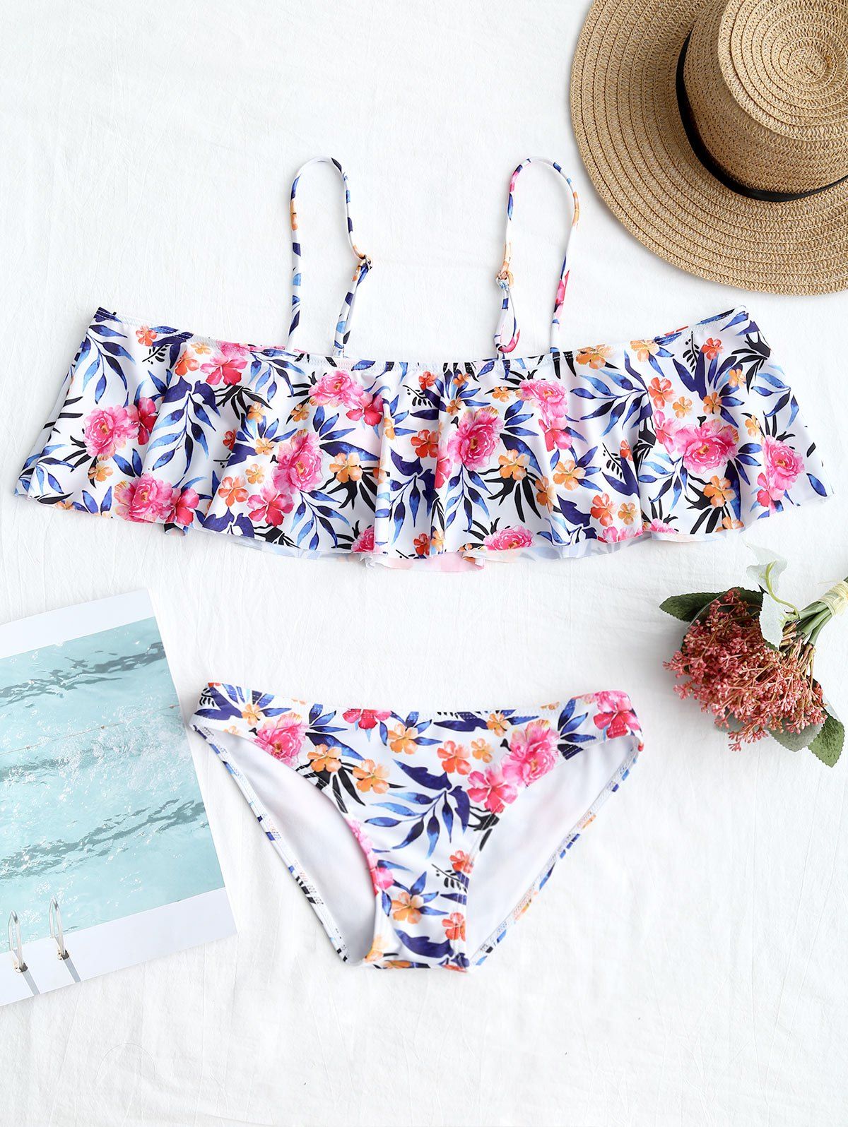 

Floral Flounce Off Shoulder Bikini Set, Colormix