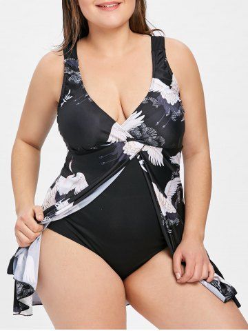 rosegal Bird Split Plus Size Skirted One Piece Swimsuit