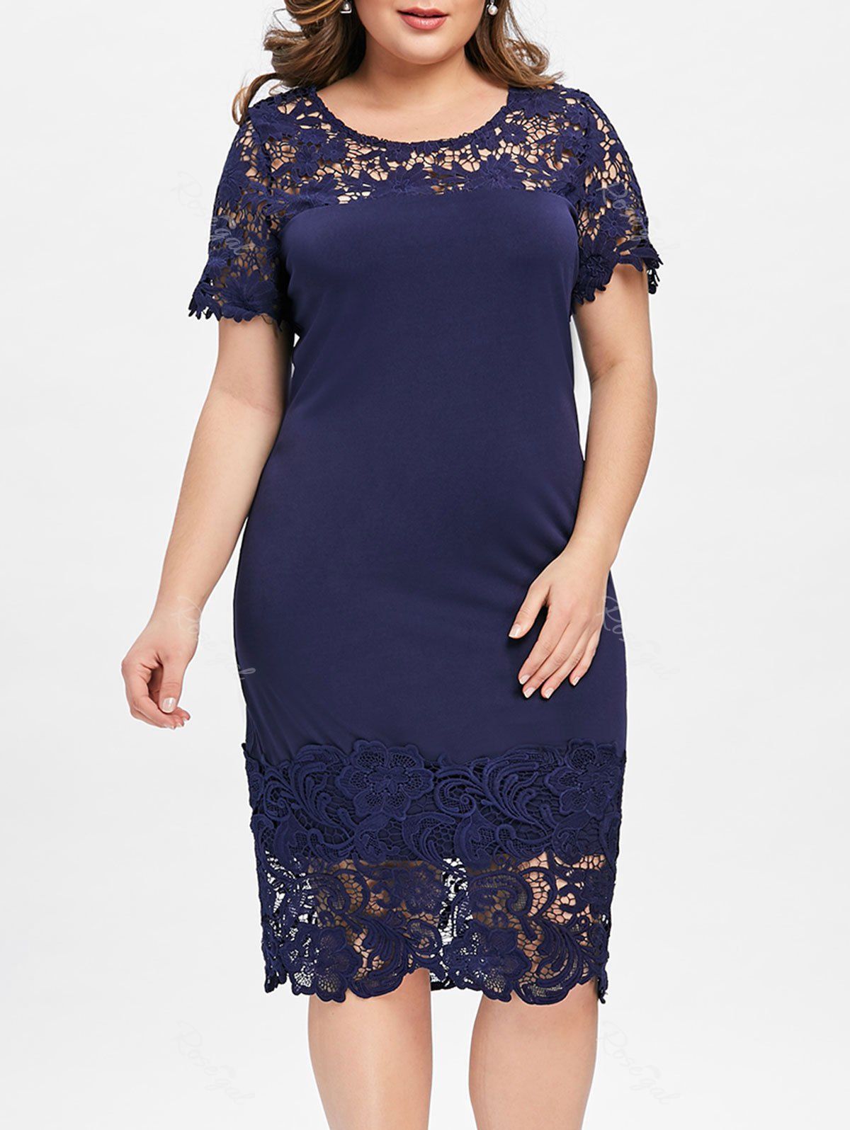 

Plus Size Lace Panel Knee Length Pencil Dress, Purplish blue