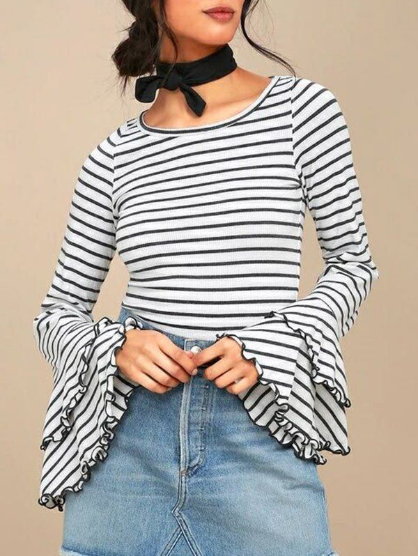 

Striped Bell Sleeve Tee, White