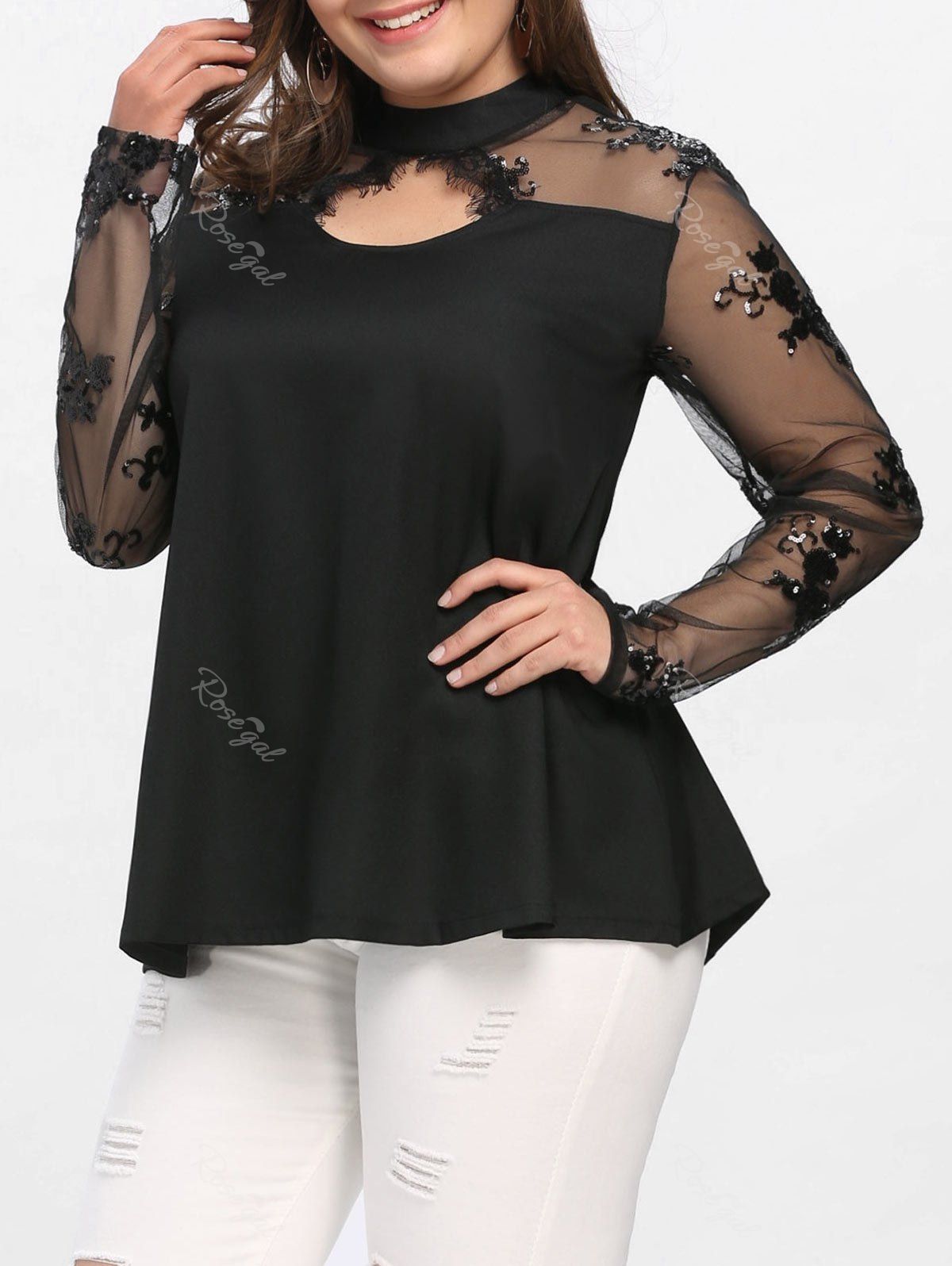 

Mesh Panel Keyhole Plus Size Sequined Top, Black