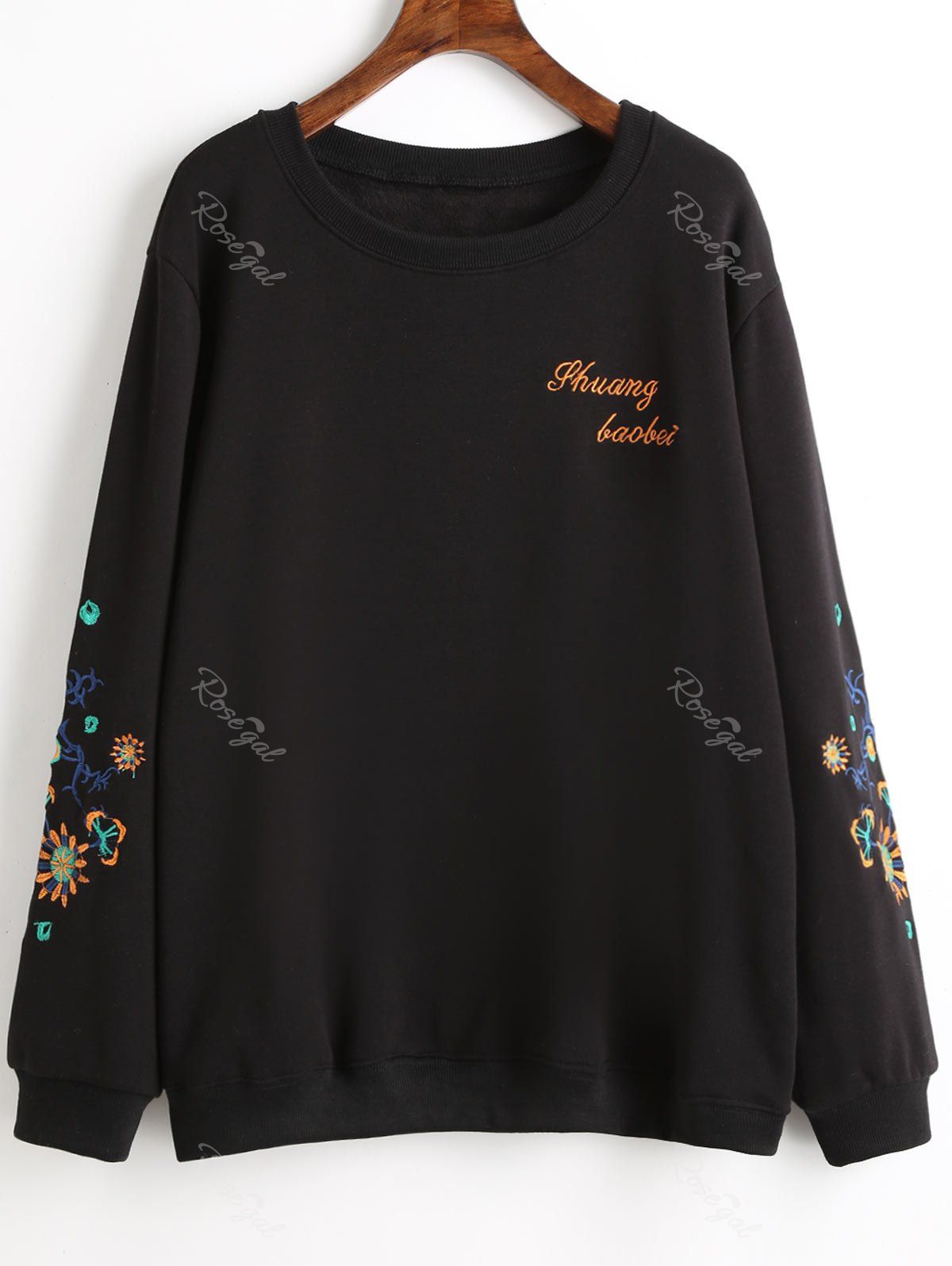 

Plus Size Graphic Fleece Lined Embroidered Sweatshirt, Black