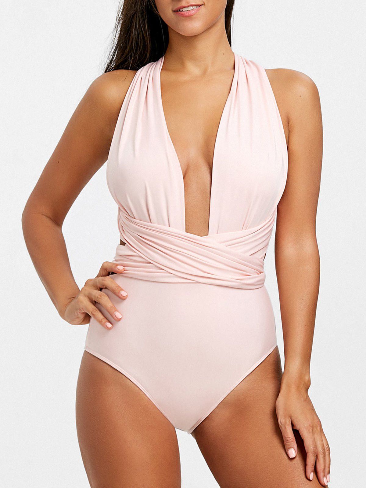 

Criss Cross Plunging Neck Swimwear, Light pink