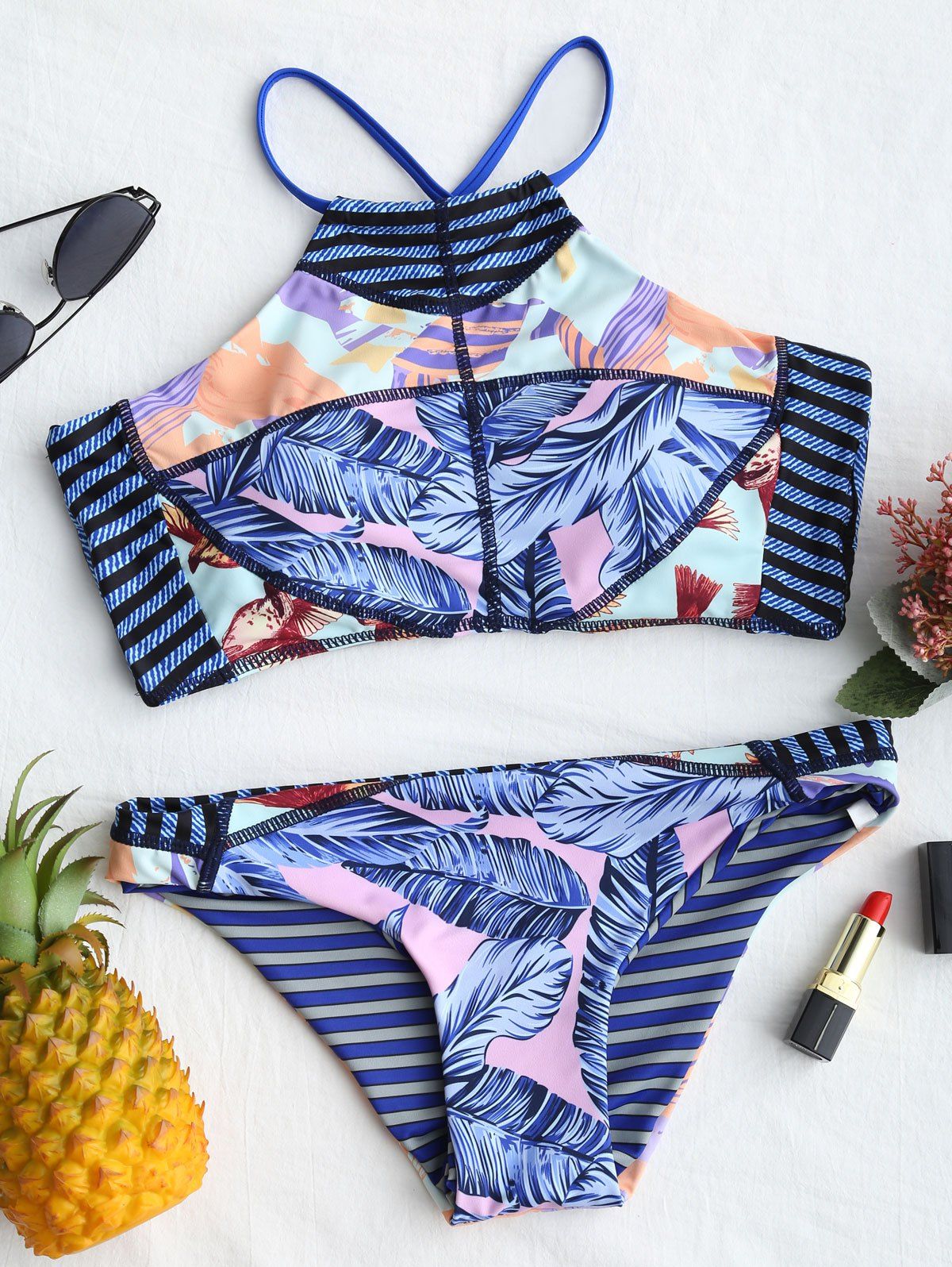 

High Neck Cross Back Print Bikini Set, Colormix