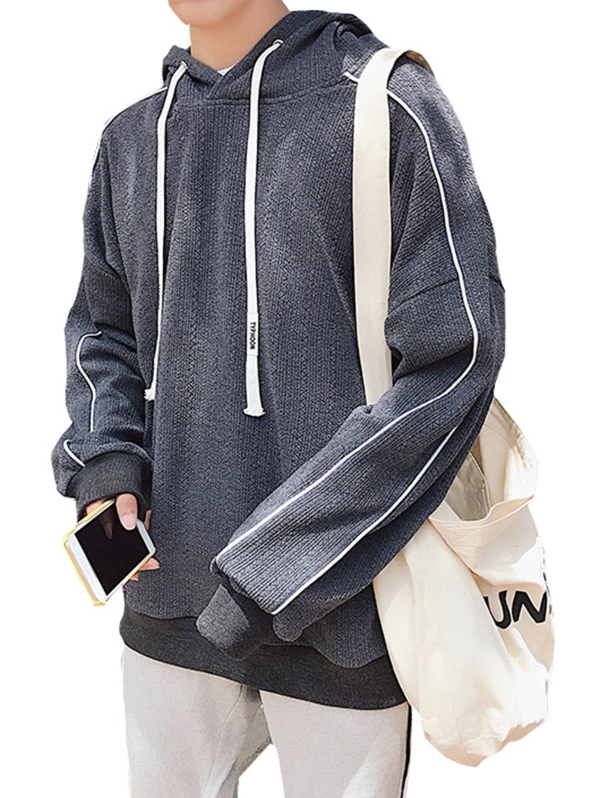 

Edging Drop Shoulder Knitted Pullover Hoodie, Deep gray