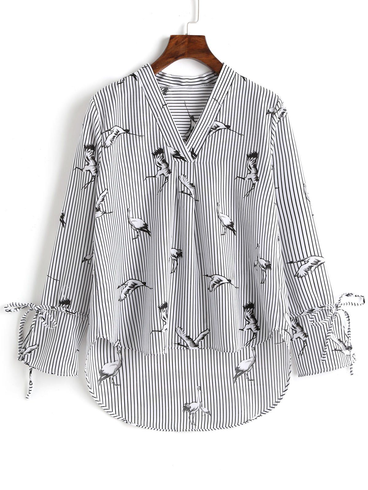 

Striped Crane V Neck High Low Blouse, Stripe