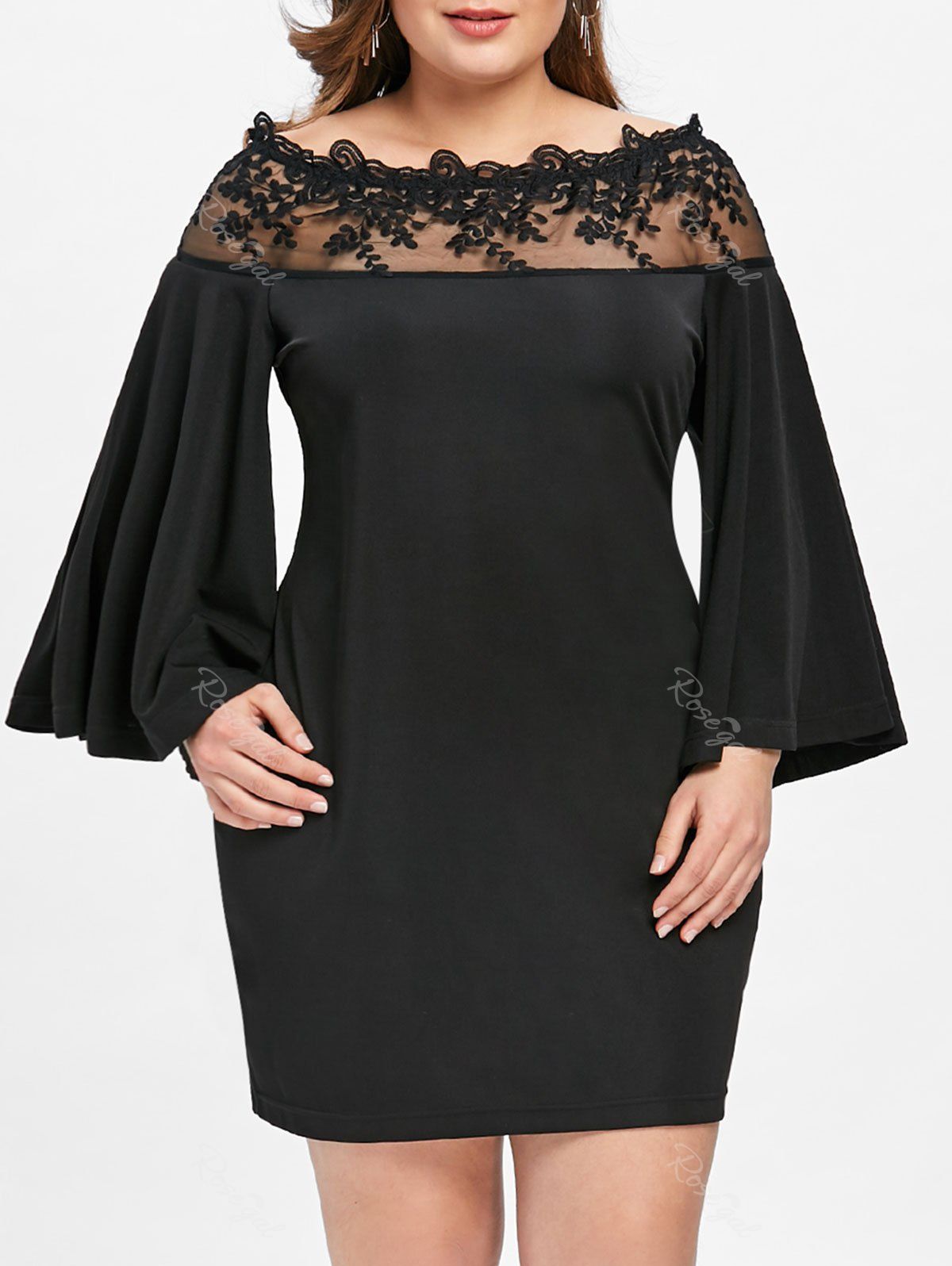 

Plus Size Lace Mesh Panel Off Shoulder Dress, Black