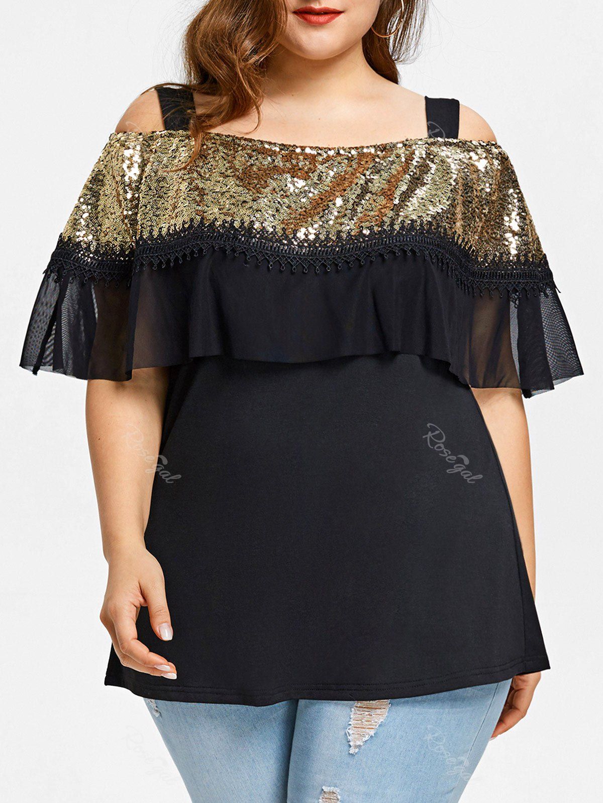 

Plus Size Ruffled Sequins Cold Shoulder T-shirt, Black