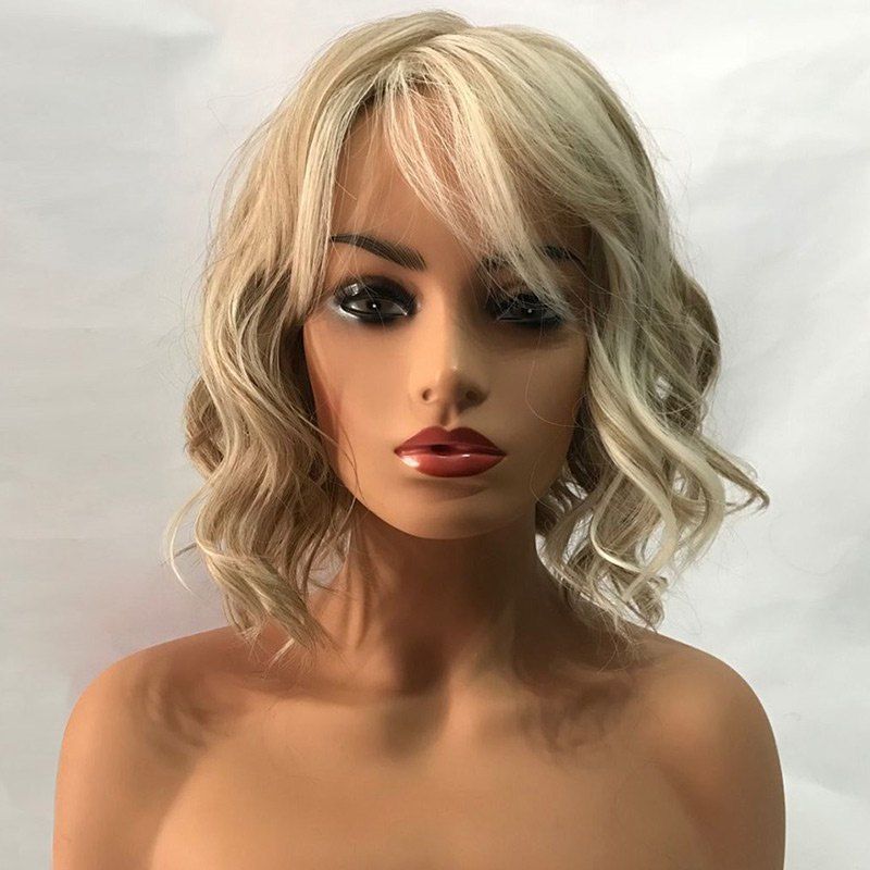 affordable short inclined bang wavy colormix capless synthetic wig