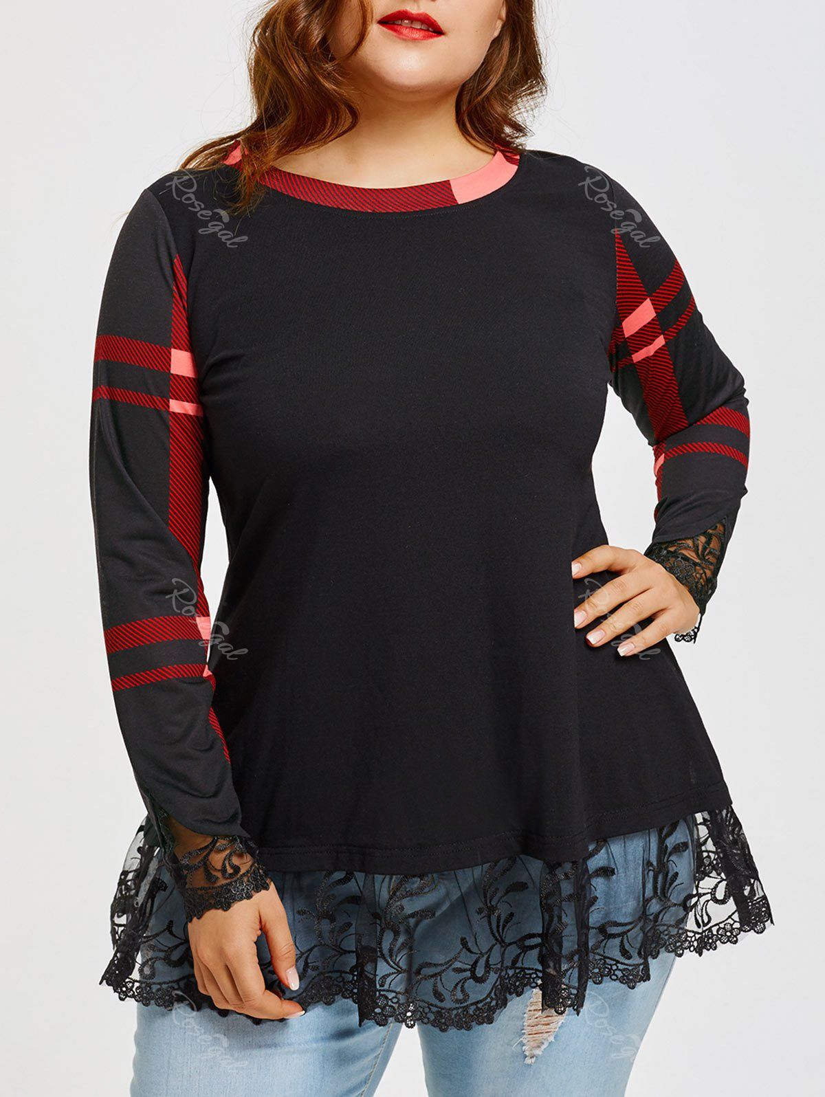 

Lace Trim Plus Size Long Sleeve Plaid T-shirt, Black