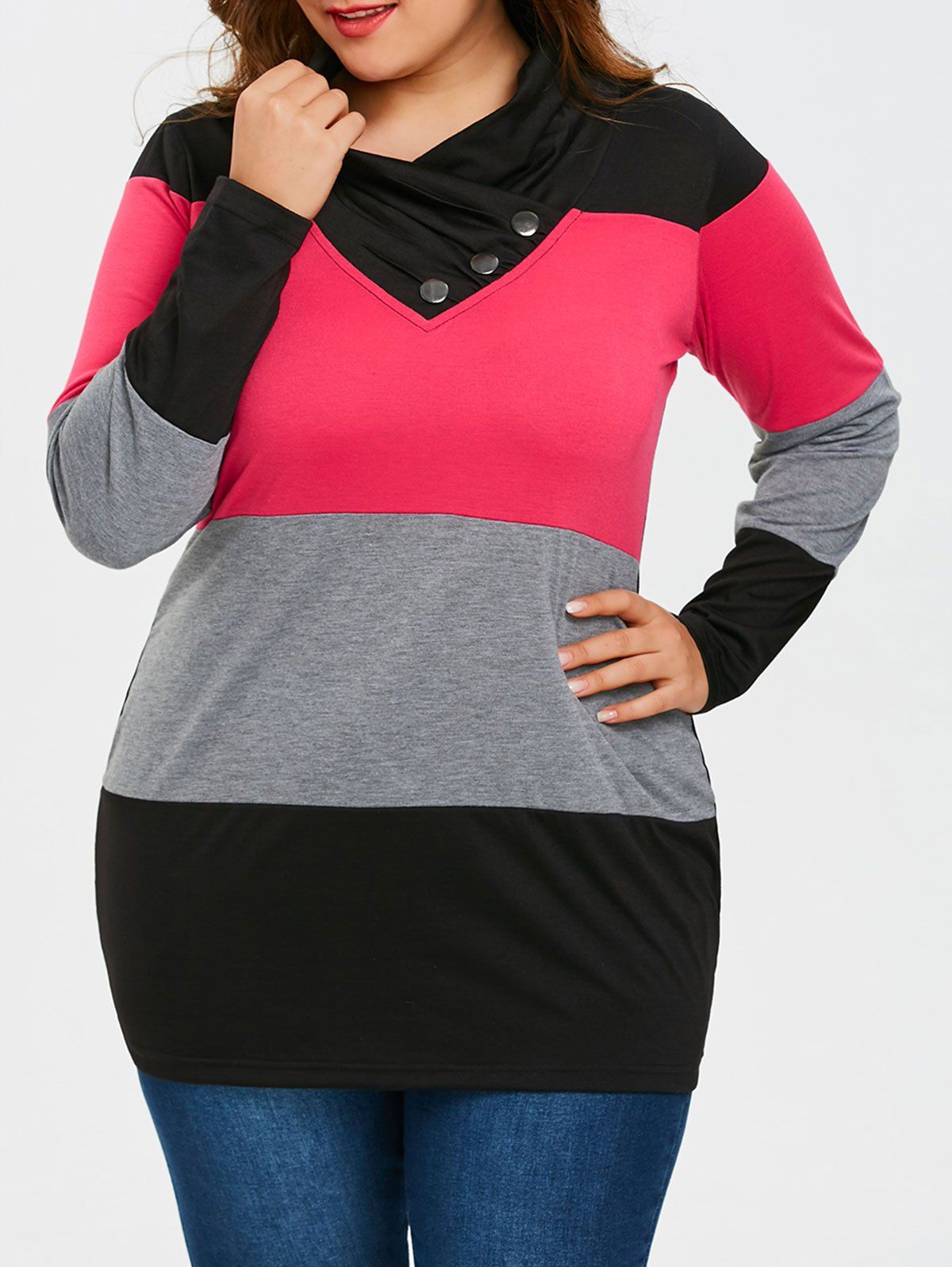

Plus Size Long Sleeve Heaps Collar T-shirt, Colormix