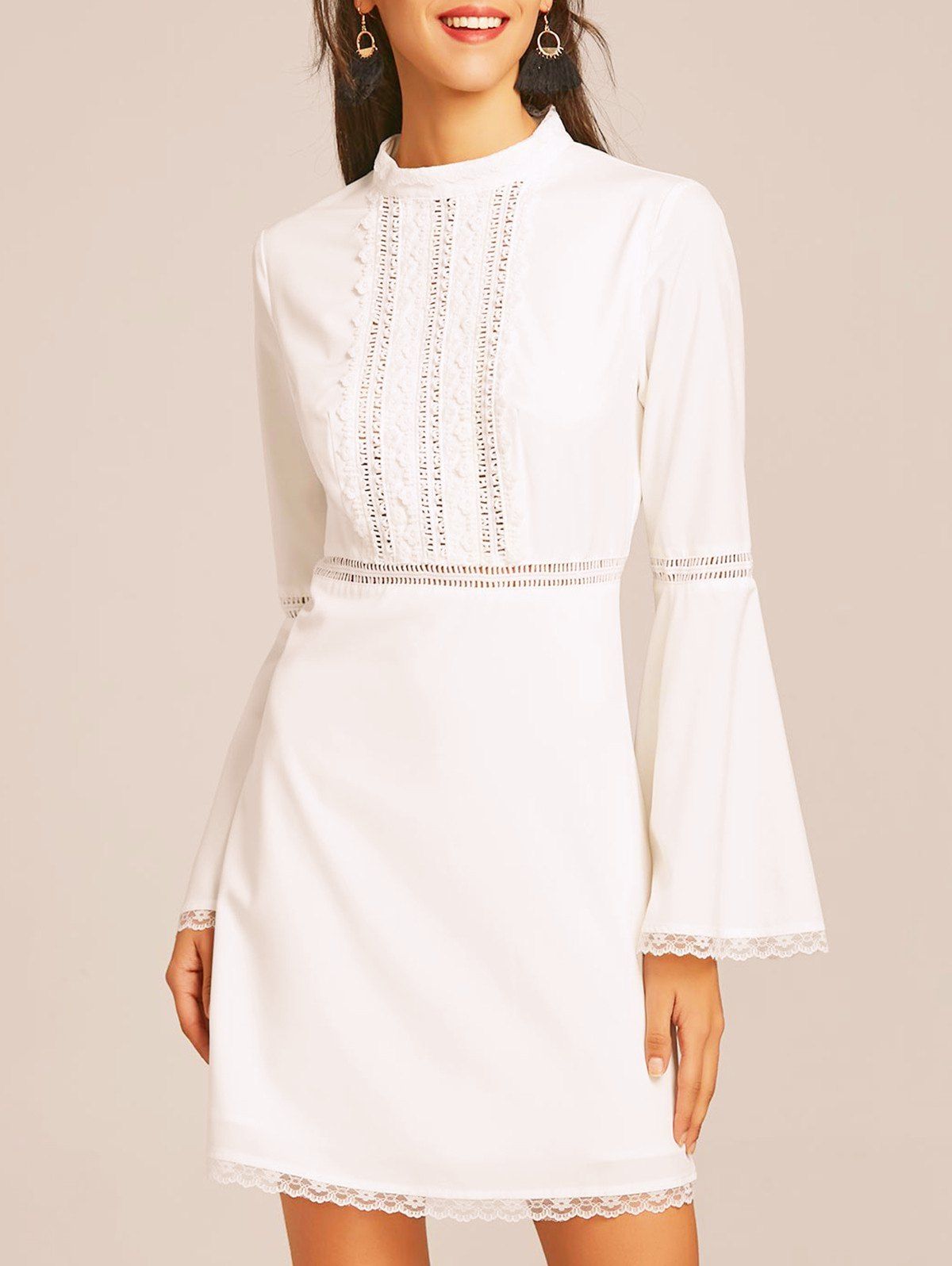 

Lace Trim Flare Sleeve Flare Dress, White