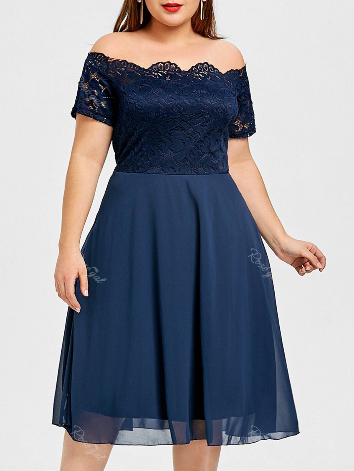 

Plus Size Lace Panel Off The Shoulder Dress, Purplish blue