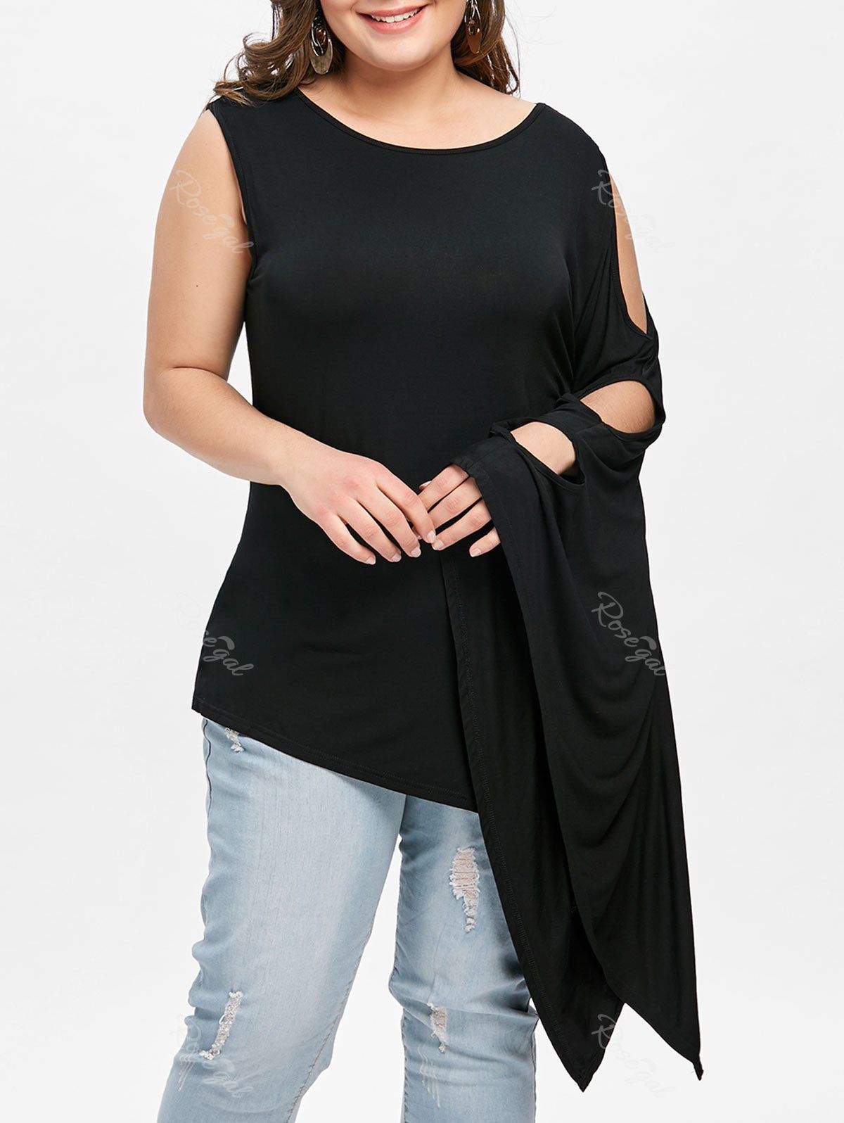 

Plus Size Batwing Sleeve One Shoulder Tee, Black