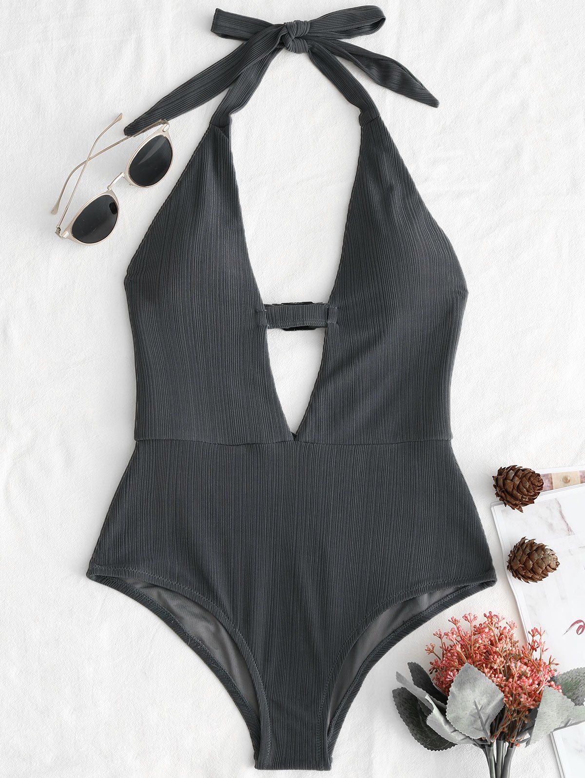 

Plunge Front Halter Backless Swimsuit, Gray