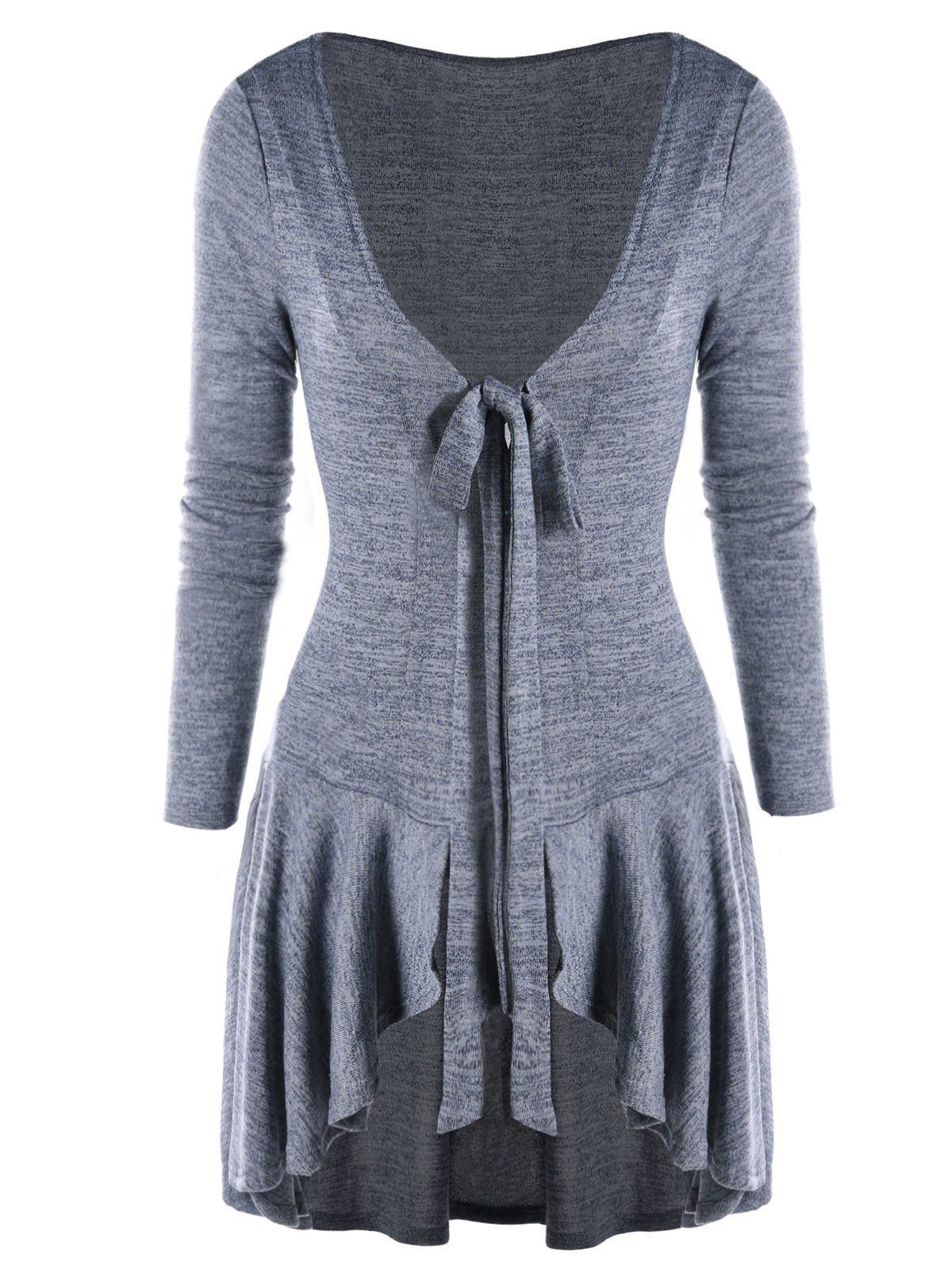 

High Low Bow Tie Neck Heathered Cardigan, Gray