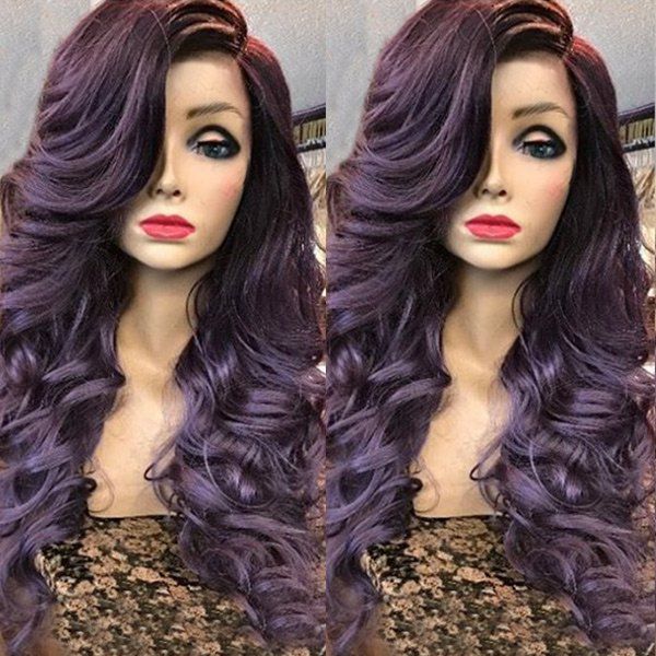 

Deep Side Parting Long Wavy Curly Synthetic Wig, Purple