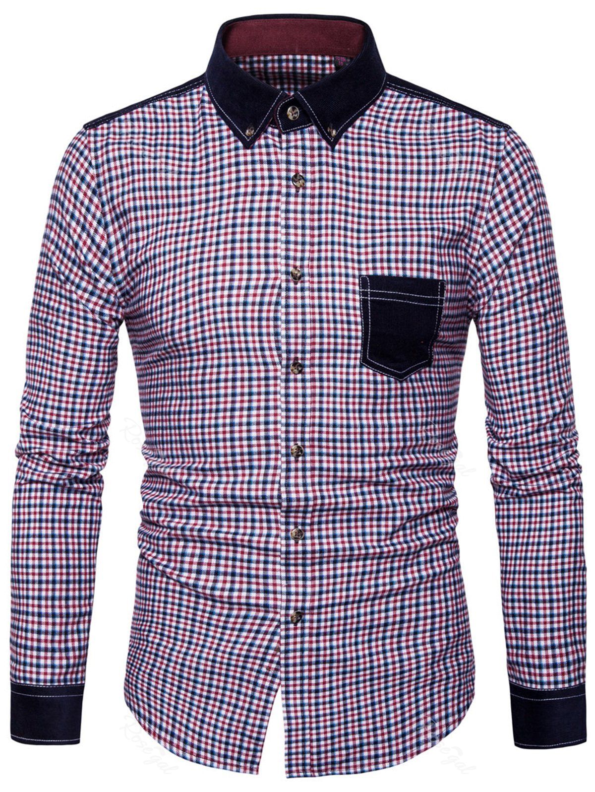 

Corduroy Panel Plaid Long Sleeve Button Down Shirt, Colormix