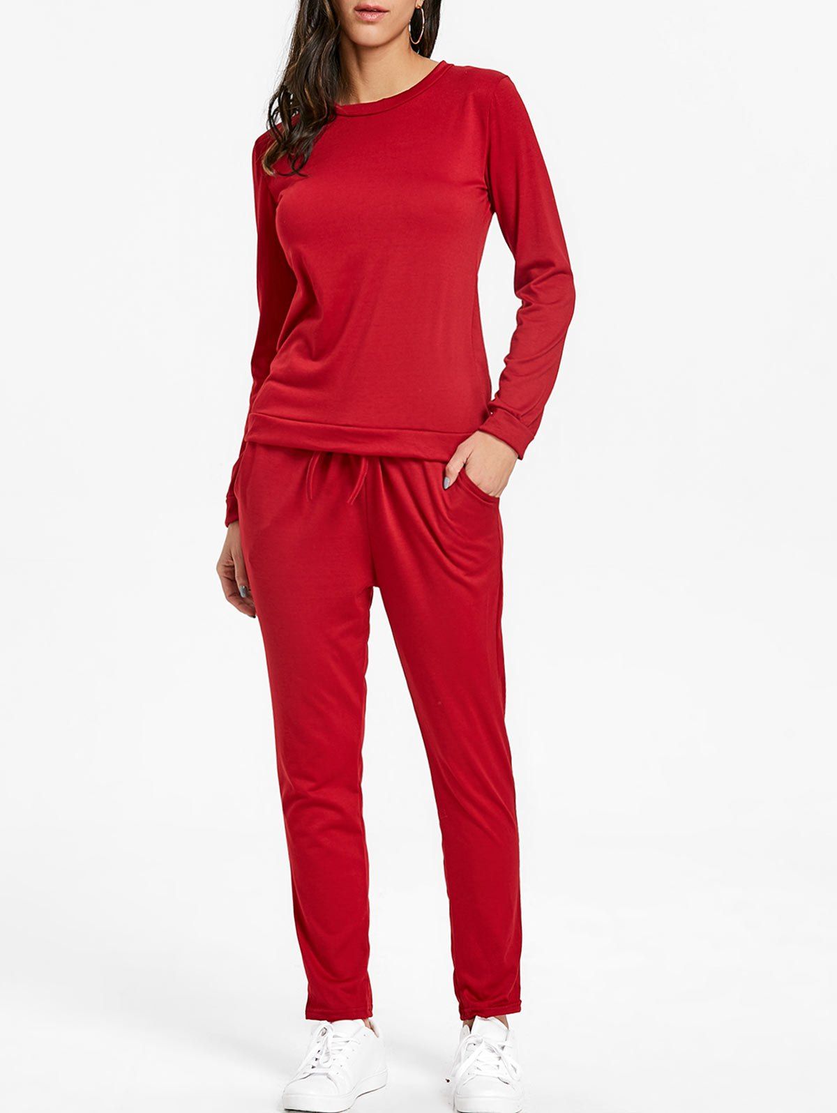 

High Waisted Drawstring Sweat Suits, Wine red