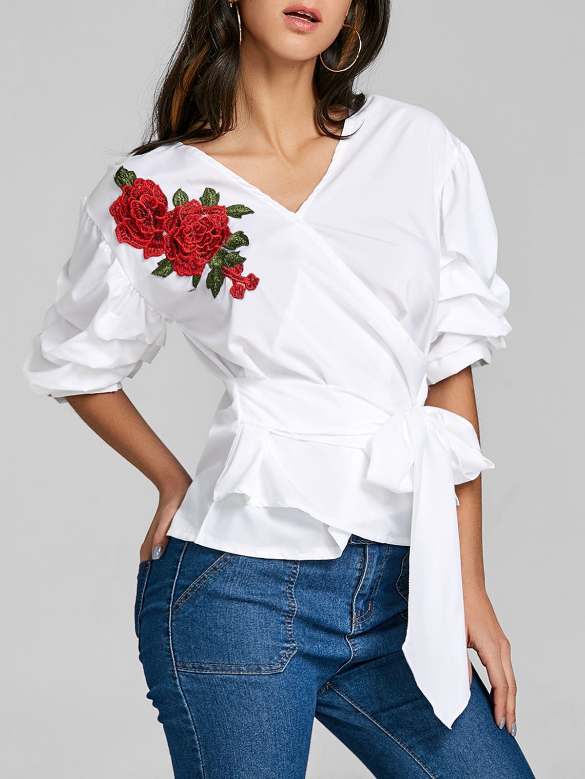 

Bowknot Striped Embroidered Blouse, White