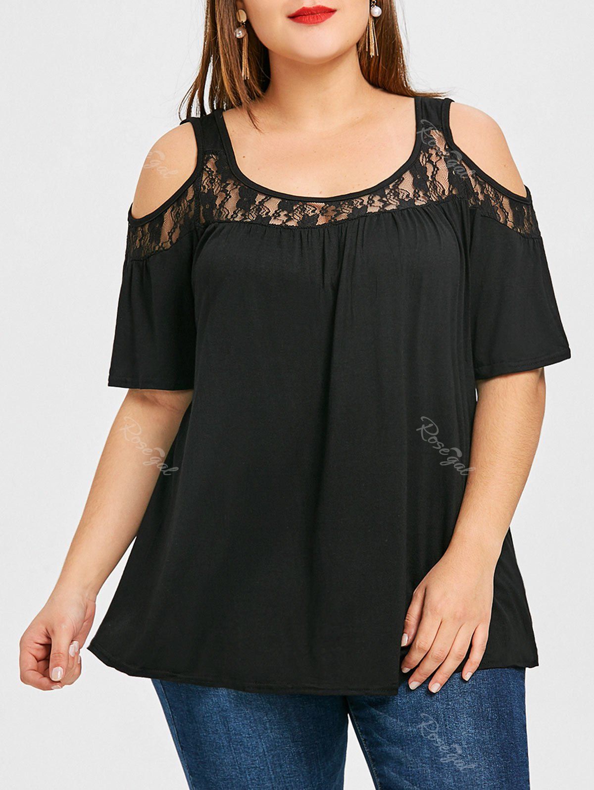 

Cold Shoulder Lace Panel Plus Size Tee, Black