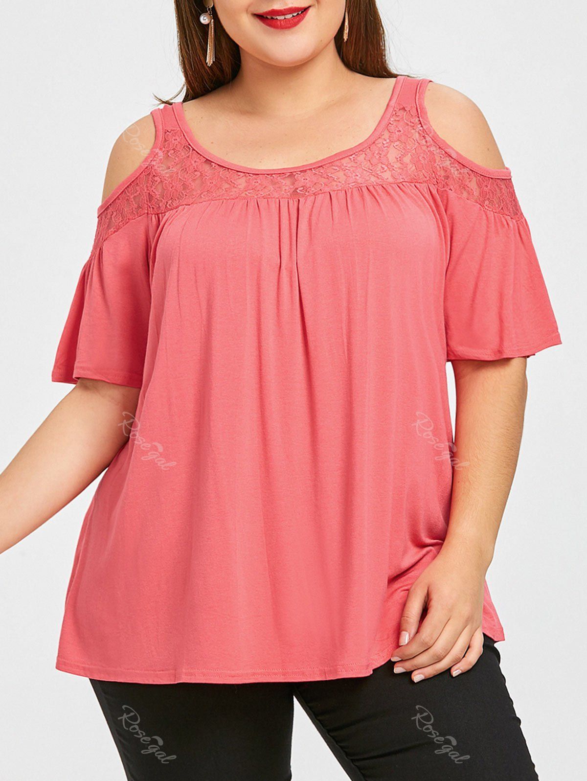 

Cold Shoulder Lace Panel Plus Size Tee, Watermelon red