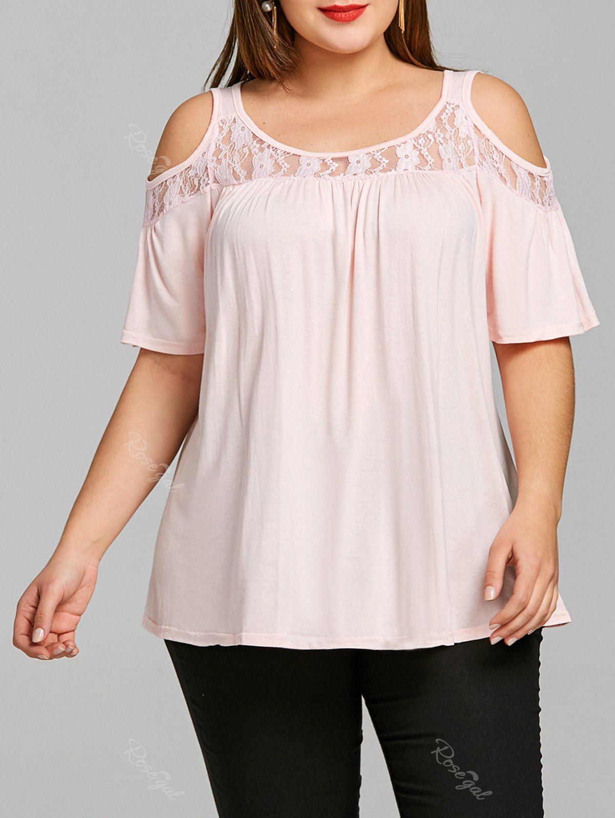 

Cold Shoulder Lace Panel Plus Size Tee, Pink