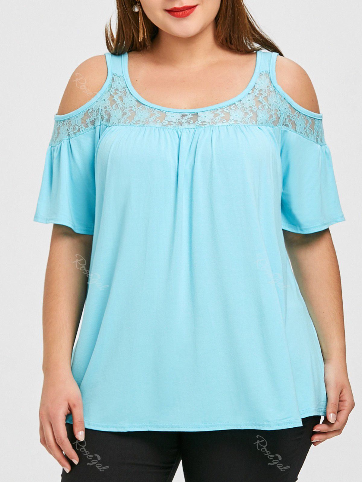 

Cold Shoulder Lace Panel Plus Size Tee, Azure