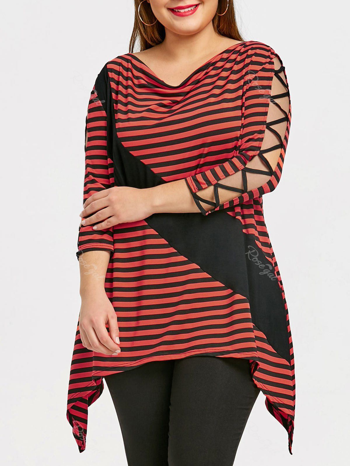 

Plus Size Cowl Neck Striped Tunic T-shirt, Red with black