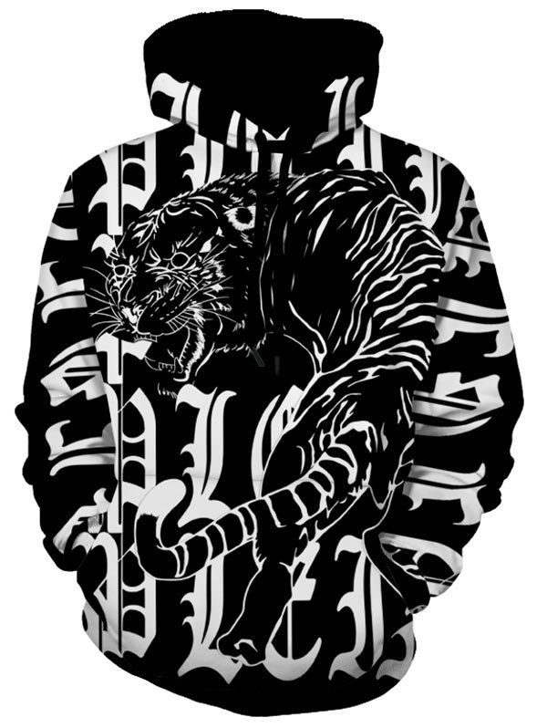 

Tiger Print Kangaroo Pocket Pullover Hoodie, Black